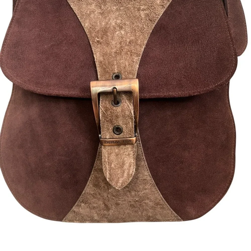 Patrizia Pepe Suede Leather Flap Buckle Crossbody Satchel Brown‎ Western Boho
